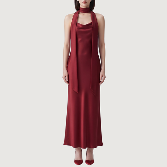 Cherry Satin Draped Column Dress