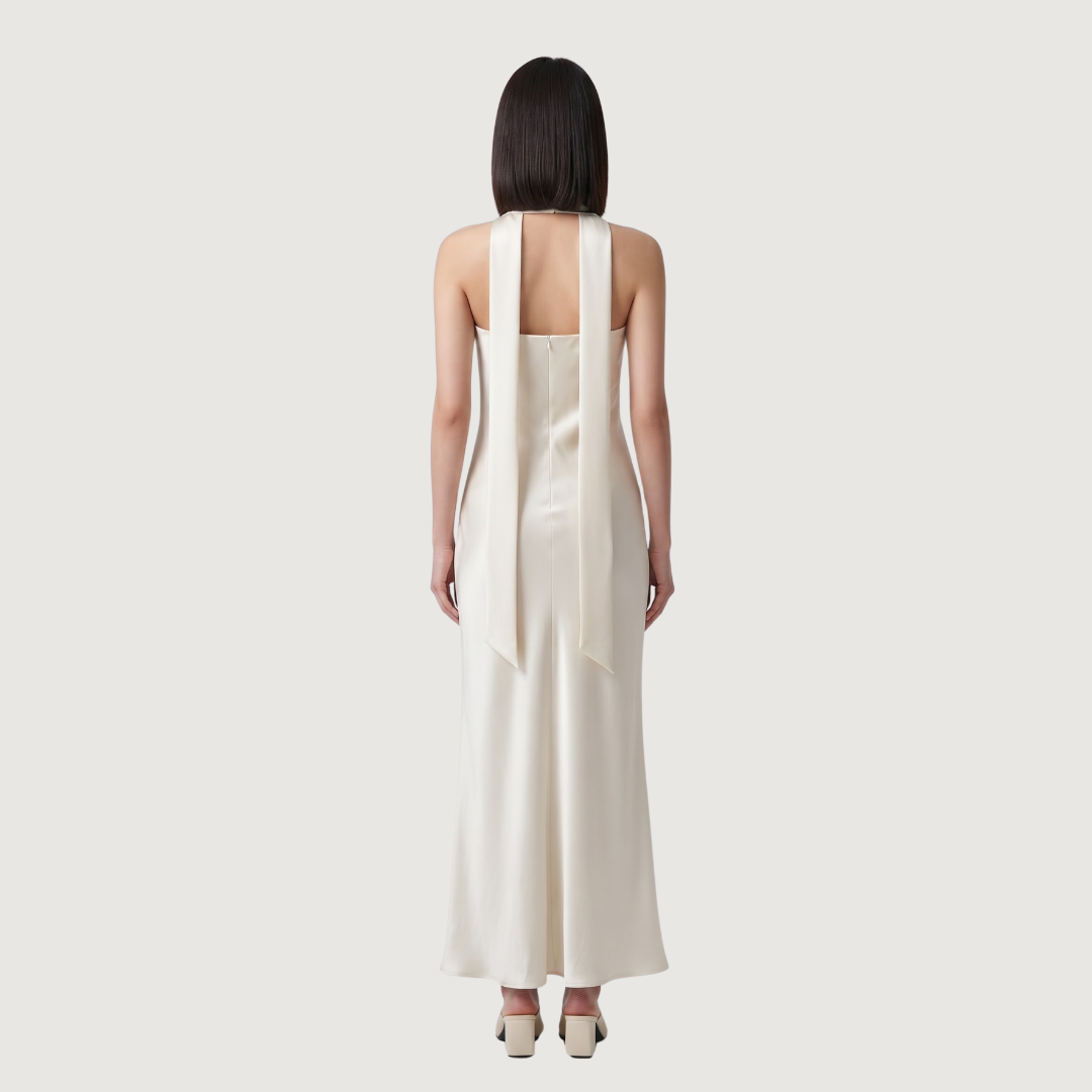 Crème Satin Draped Column Dress
