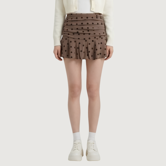 Mocha Polka Ruched Mini Skirt
