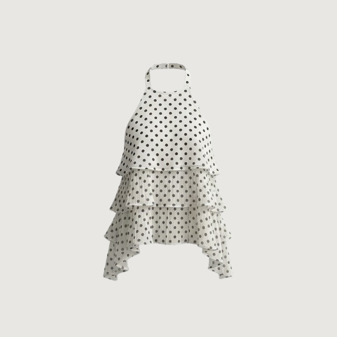 Crème Polka Ruffle Halter Top