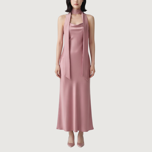 Blush Satin Draped Column Dress