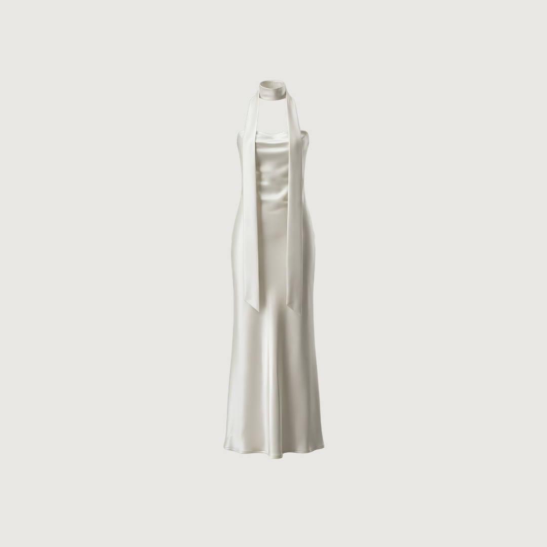 Crème Satin Draped Column Dress