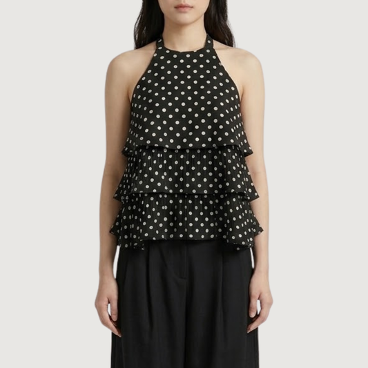 Obsidian Polka Ruffle Halter Top
