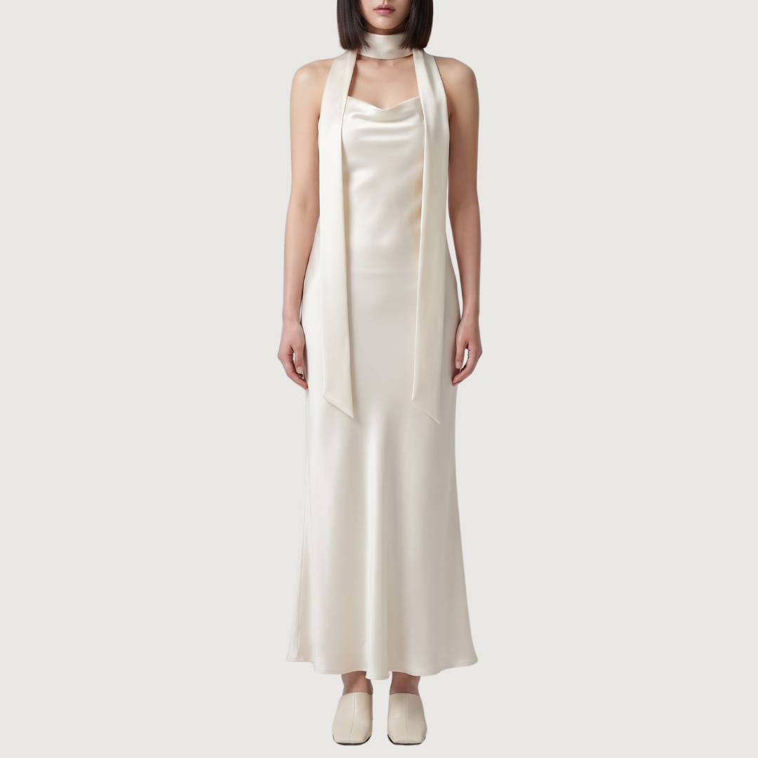 Crème Satin Draped Column Dress