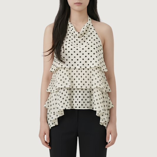 Crème Polka Ruffle Halter Top