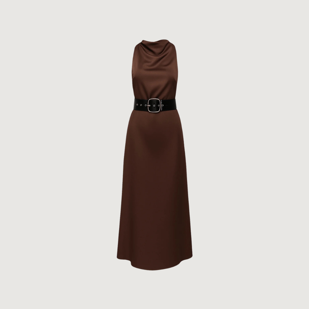 Vestido Cafe Satinado Cinturon