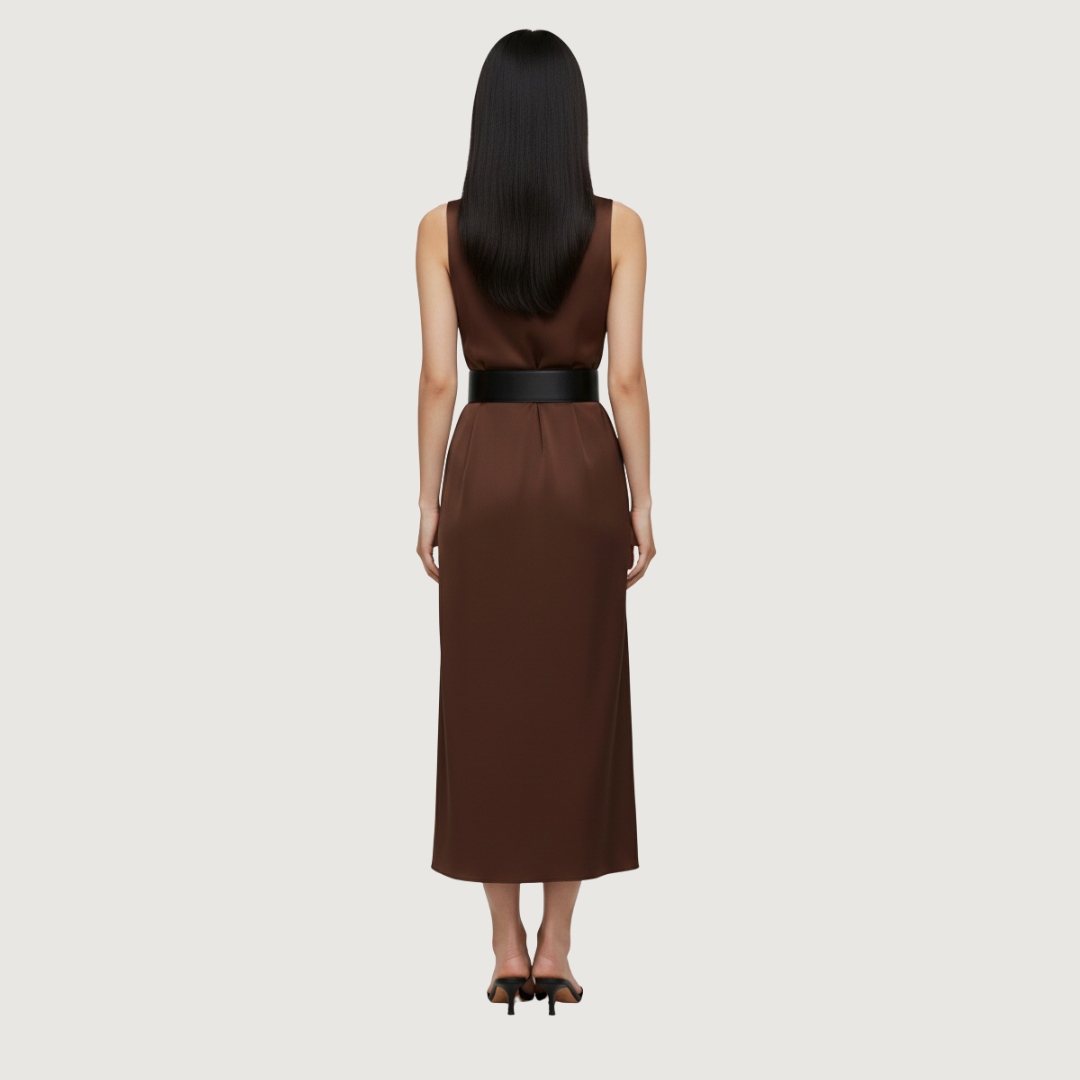 Vestido Cafe Satinado Cinturon