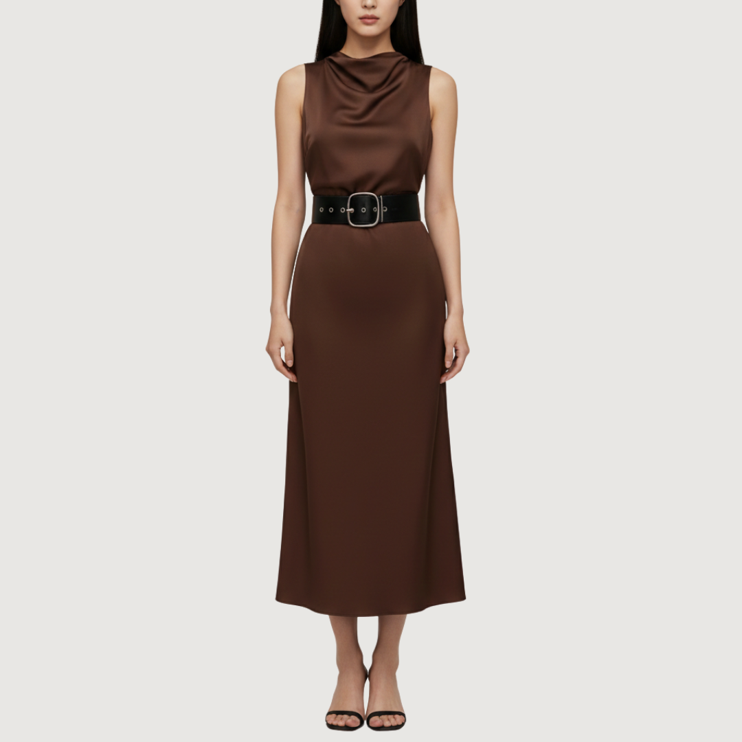 Vestido Cafe Satinado Cinturon