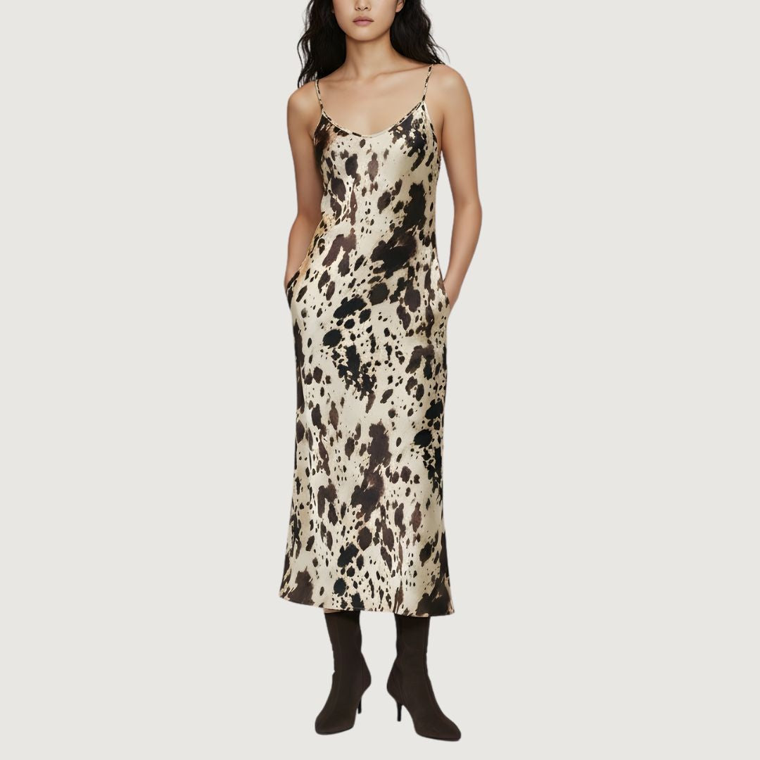 Vestido Satin Largo Cow Print