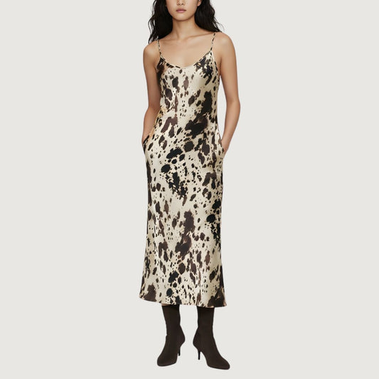Vestido Satin Largo Cow Print