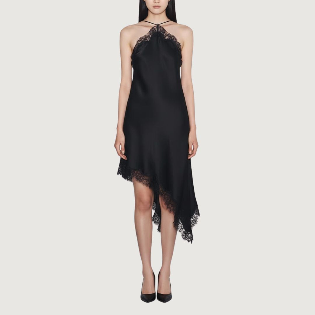 Vestido Halter Satin Lace Obsidian
