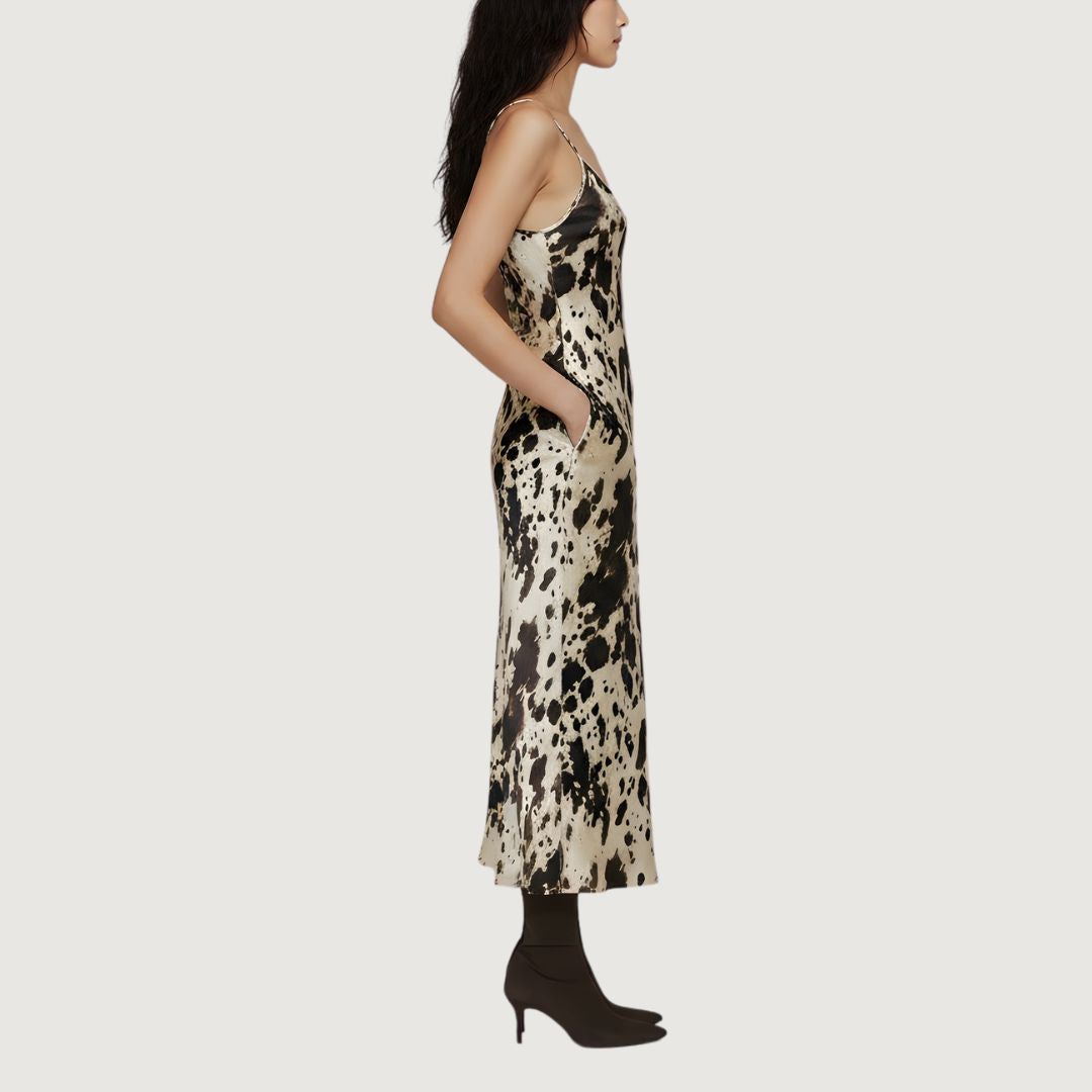 Vestido Satin Largo Cow Print