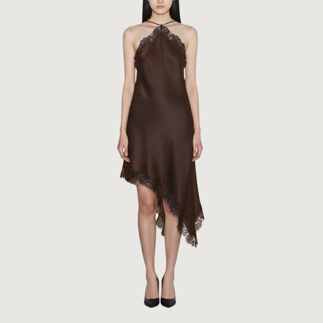 Vestido Halter Satin Lace Mocha Glow