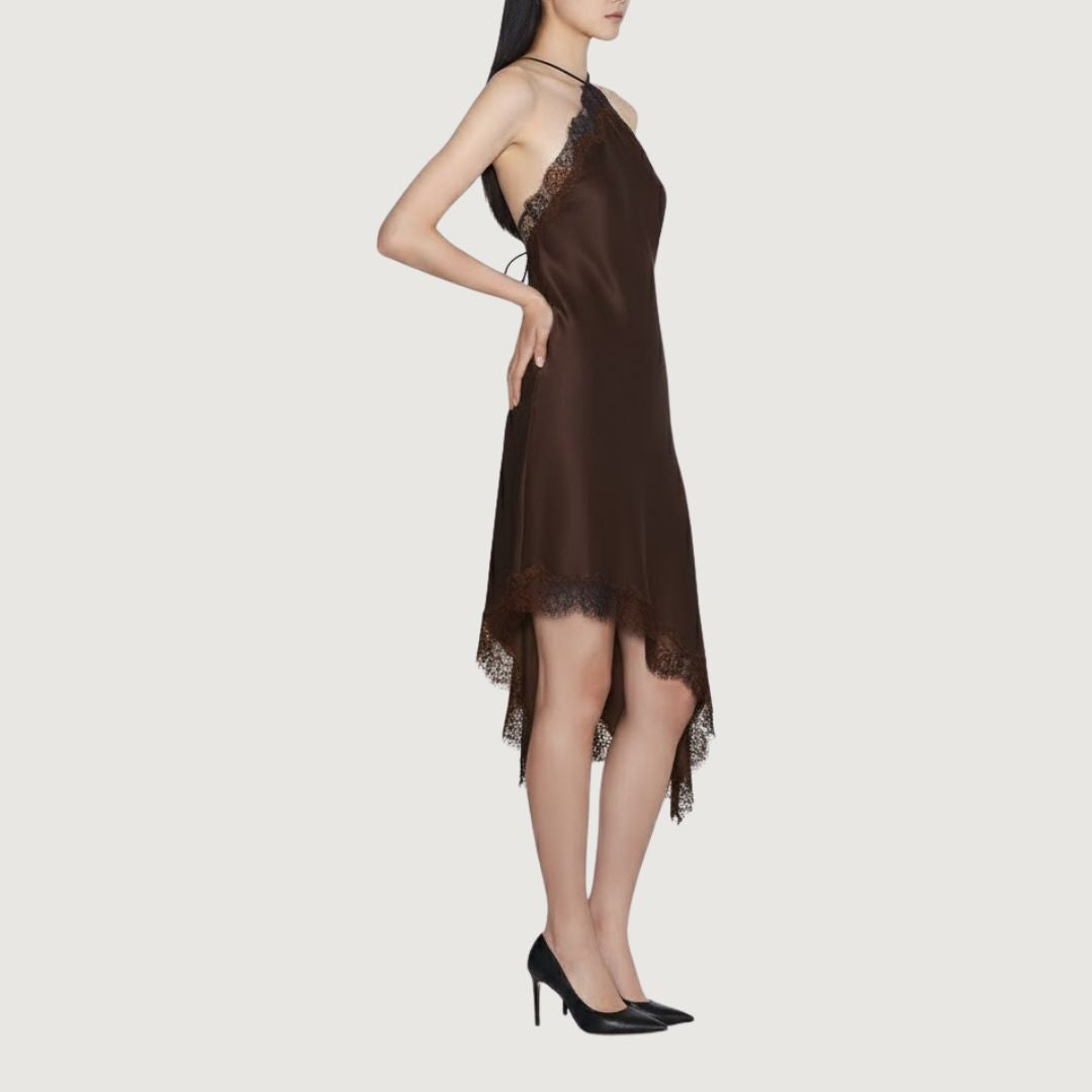 Vestido Halter Satin Lace Mocha Glow