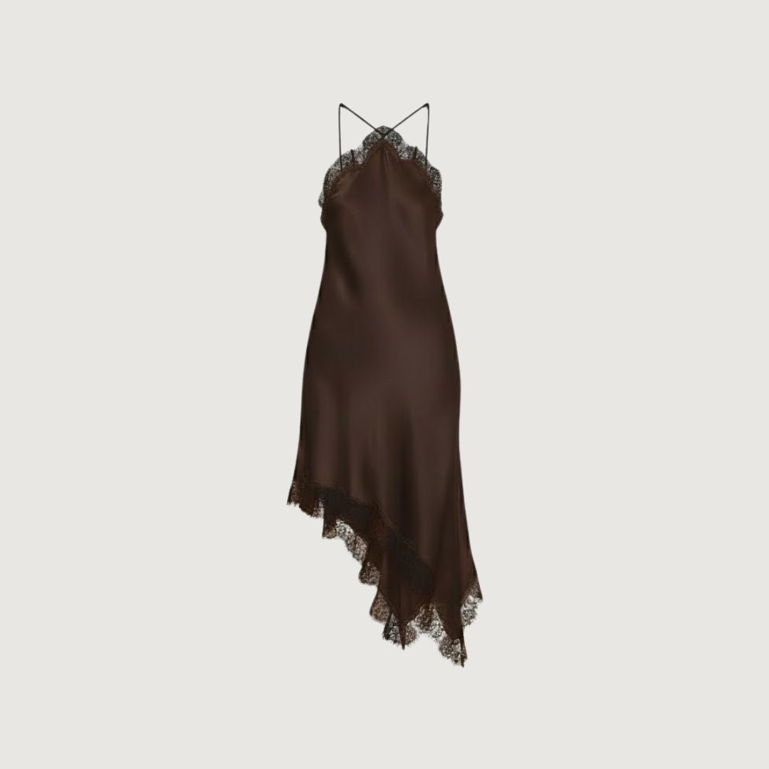 Vestido Halter Satin Lace Mocha Glow
